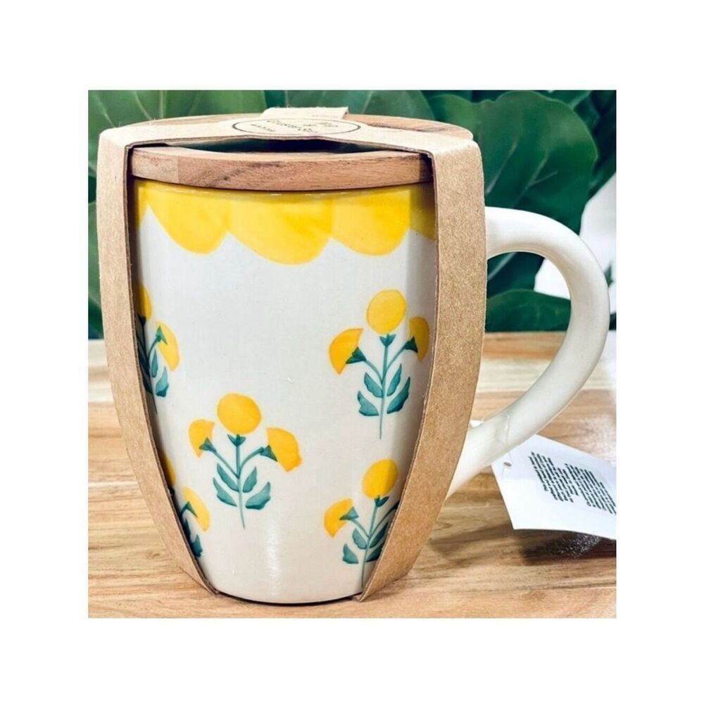 NWT Made in India White, Yellow & Green Floral Coffee Mug & Wood Coaster Lid Set